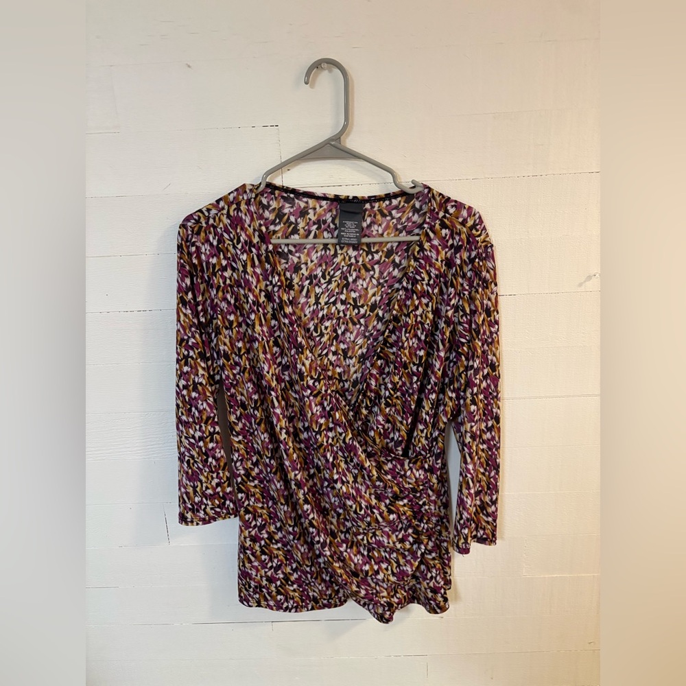 Covington XL Faux Wrap Top Multicolor Abstract Print 3/4 Sleeve